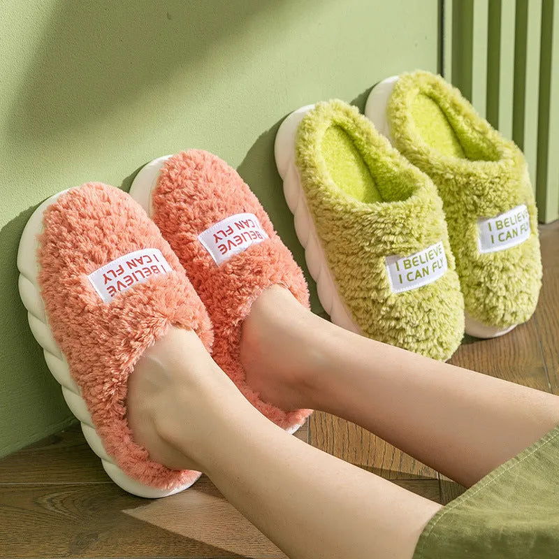 Warm plush slippers with faux fur lining and PVC sole in brown, a unisex home shoe for winter