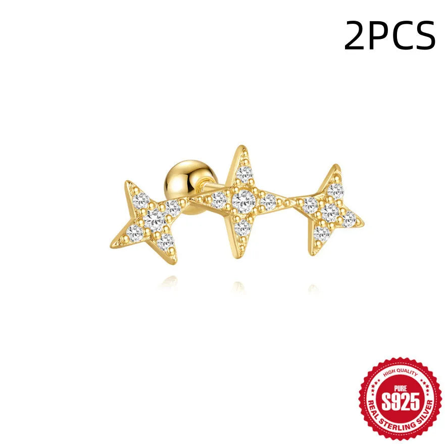 S925 sterling silver flower stud earrings with red gravel stone and gold electroplated finish