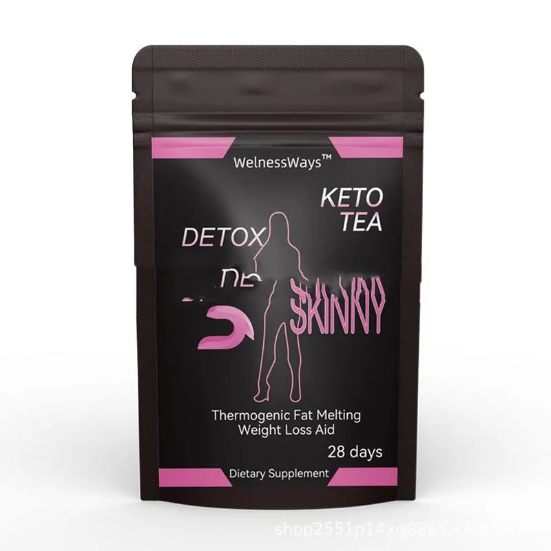 Single tea bag from a 28-day herbal slimming tea programme for women, showing one of thirteen variety options.
