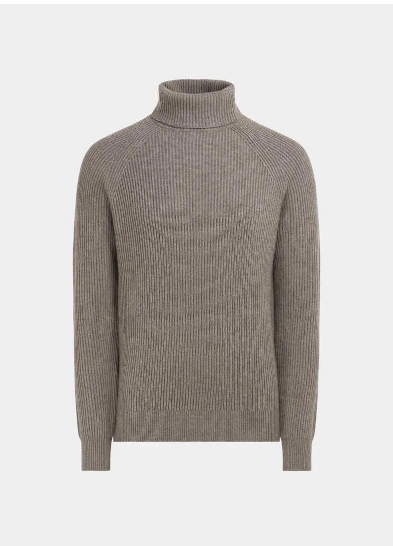 Men's 100% cashmere high-neck knitted sweater in oatmeal colour, long sleeves, front view