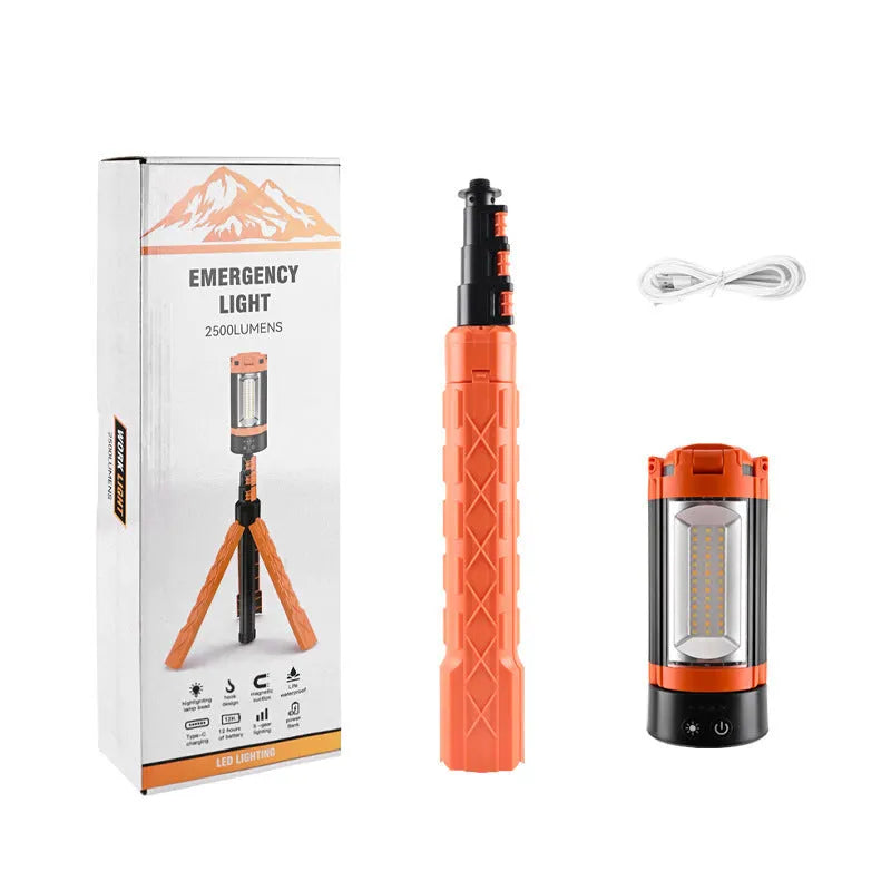 Retractable folding charging camping lantern with bracket in black and orange colour for outdoor lighting
