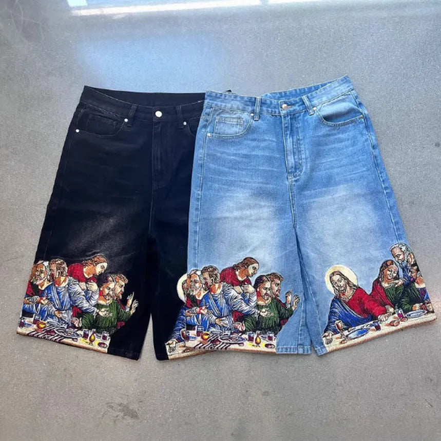 Blue cotton tapered men's shorts with a Jesus print on the back pocket.