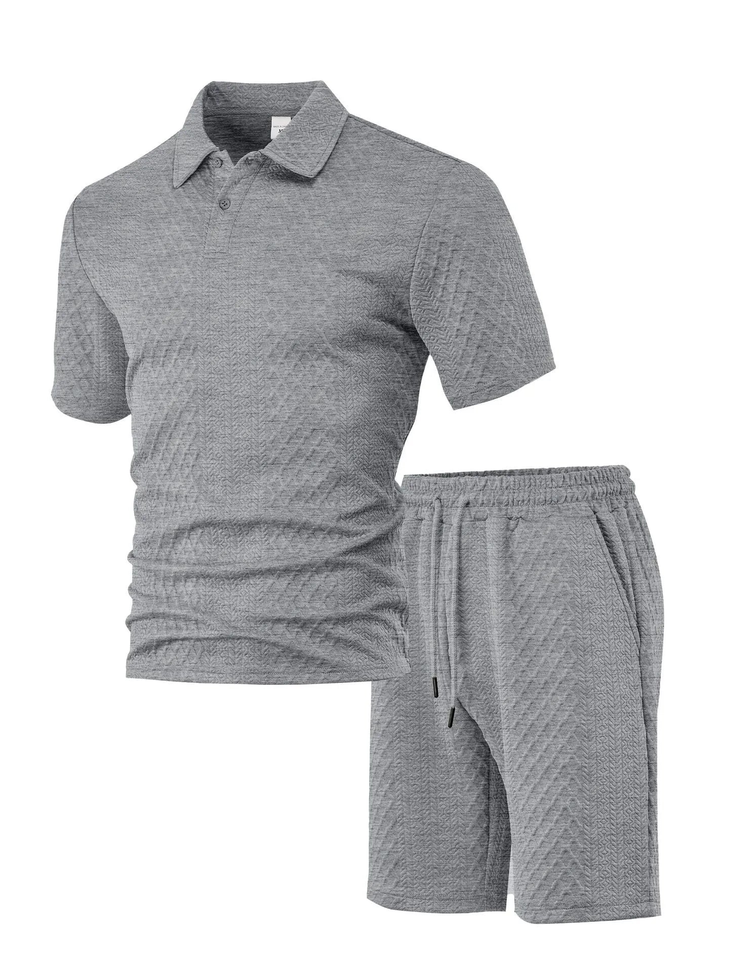 Men's patterned cloth short sleeve polo suit in light blue, shown with matching trousers.