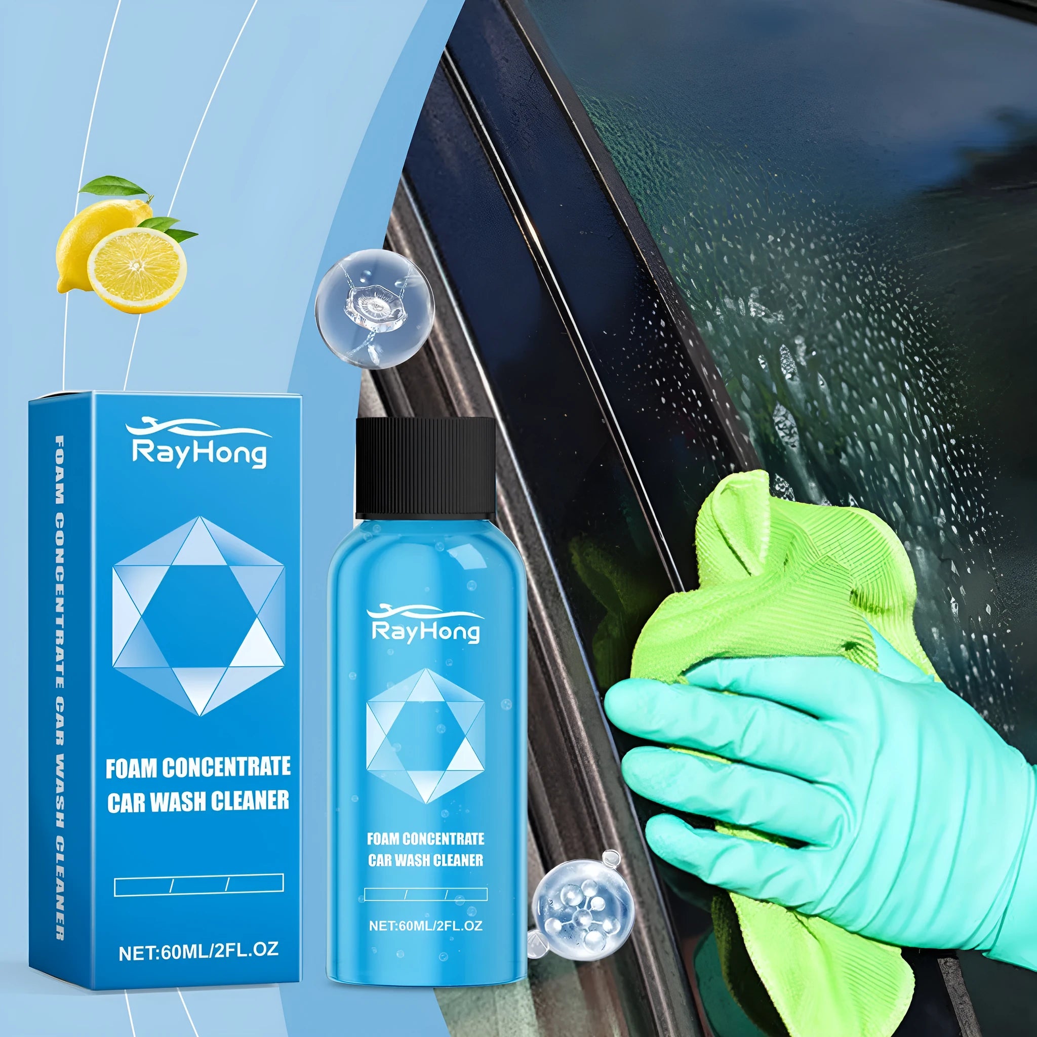 60ml car foam wash cleaning solution in a compact bottle with cleaning ingredient list