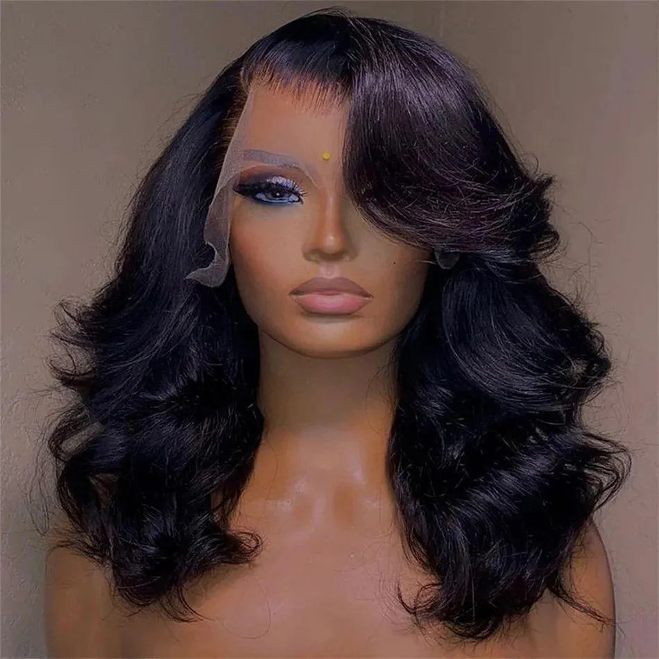 Women's black transparent lace forehead wig with short curly high temperature fibre hair