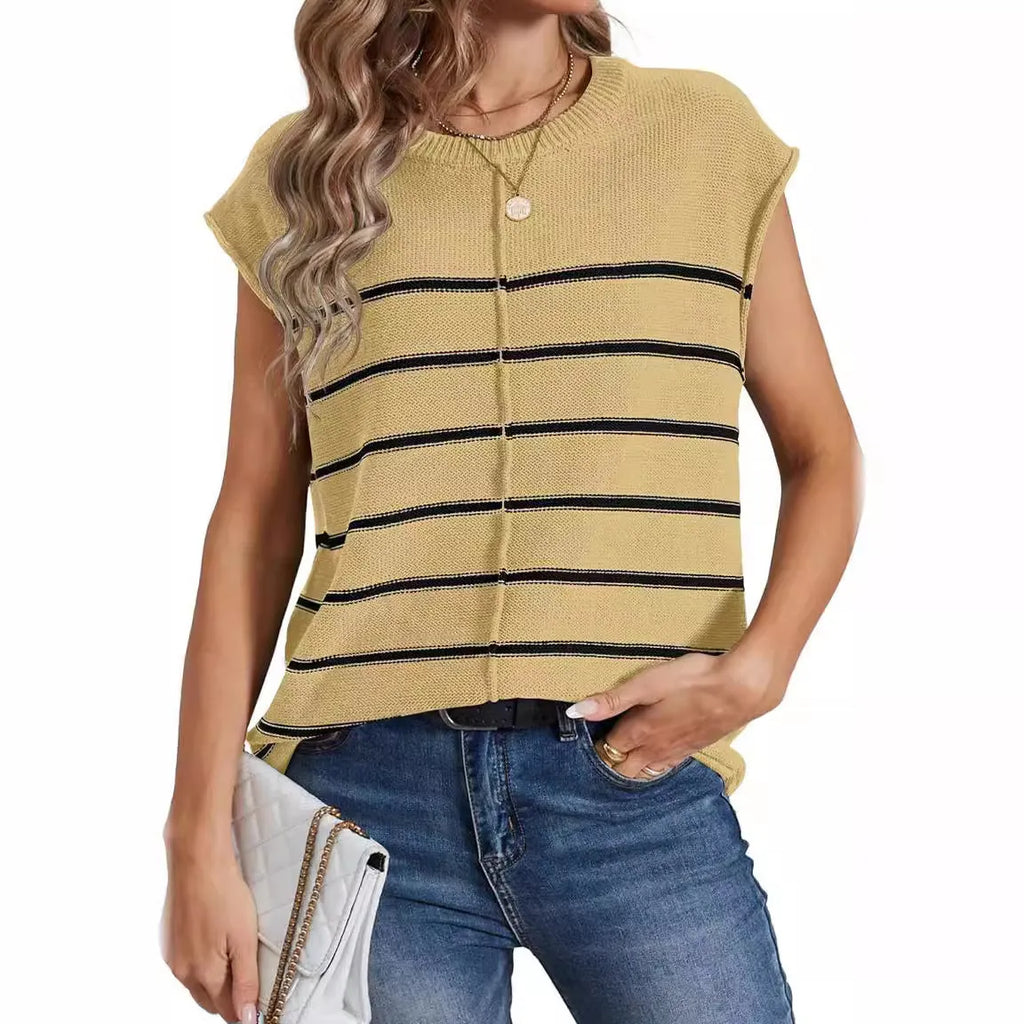 Women's striped sleeveless pullover vest top with bone stitching detail on seams