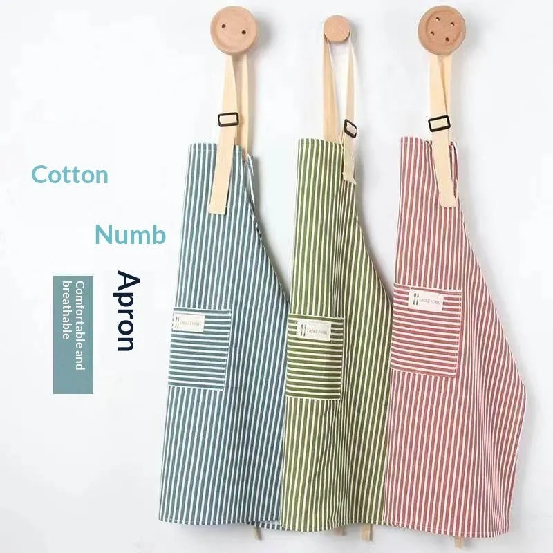 Linen stripe apron in blue, breathable kitchen apron for household chores, one size