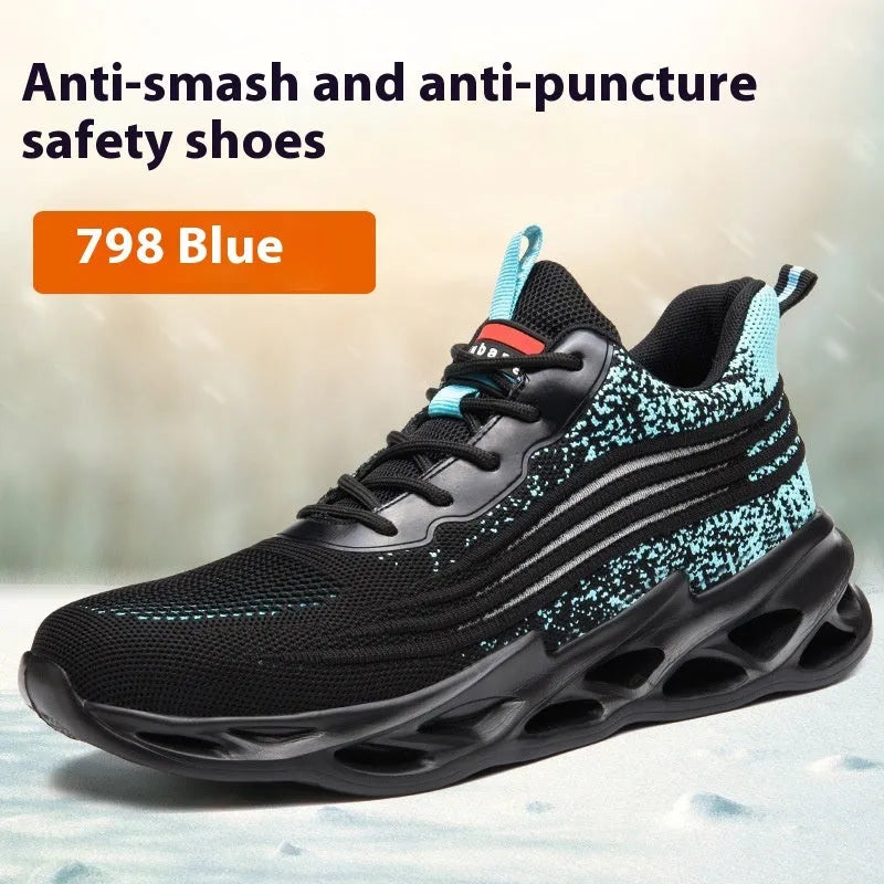 Brown leather steel toe cap safety work boots with a rubber sole on a work site background.