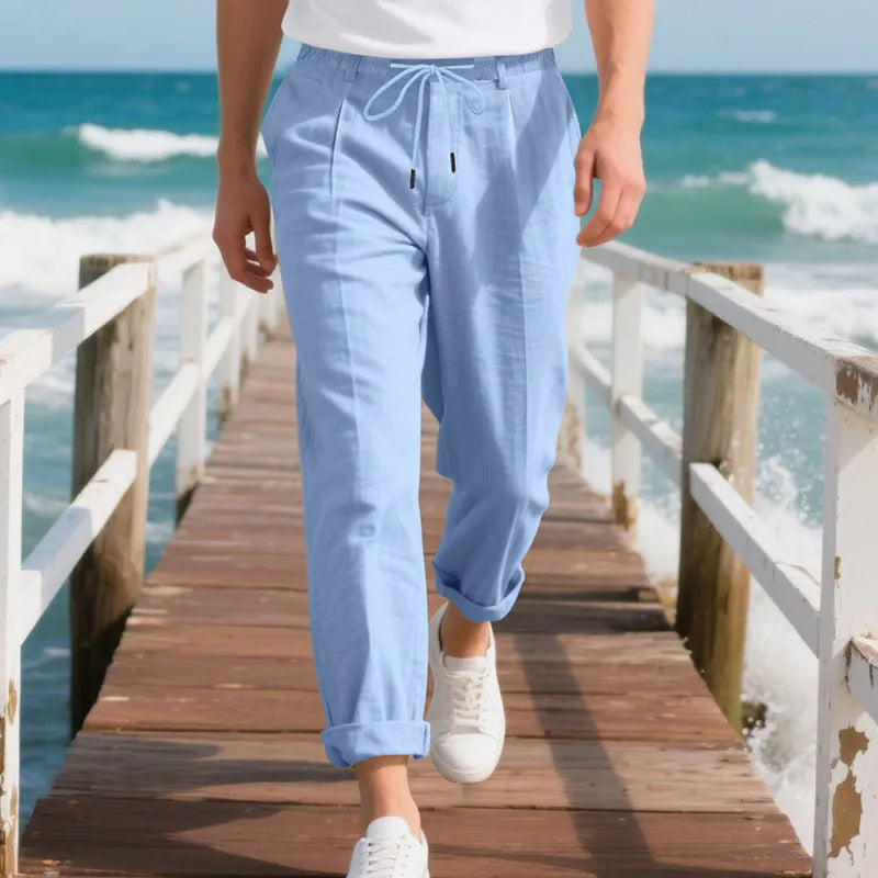 Men's linen trousers with drawstring waist in straight leg design showing army green colour option