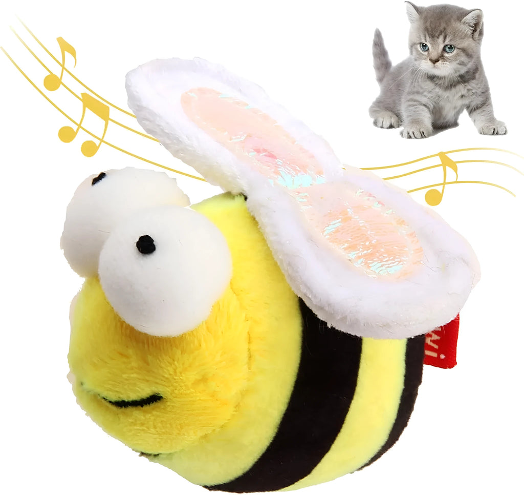 Yellow bee-shaped flannelette cat toy with motion-activated squeaking electronic components