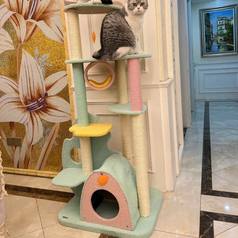 Cat climbing frame with velvet fabric and sisal column in rainforest colour, large size