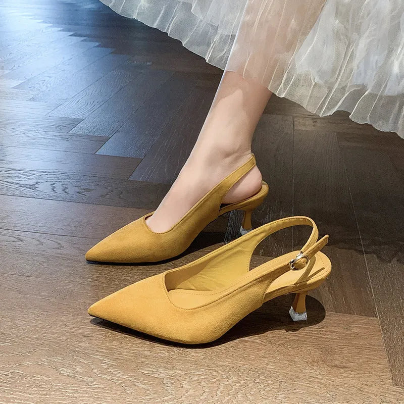 Suede pointed toe stiletto high heels in pink, blue, yellow, and apricot colours
