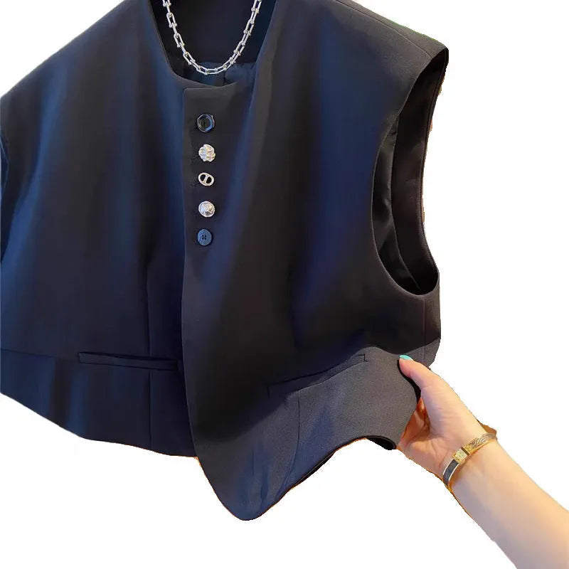 Beige loose-fitting polyester waistcoat with pockets on a hanger