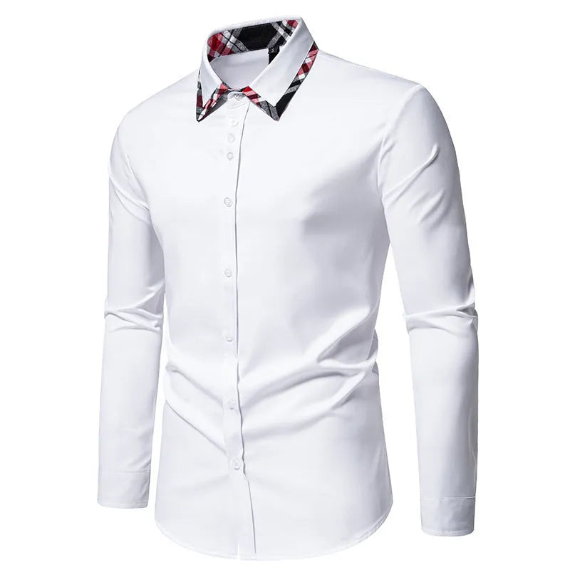 Men's triangle collar shirt with plaid contrast panels in polyester fibre