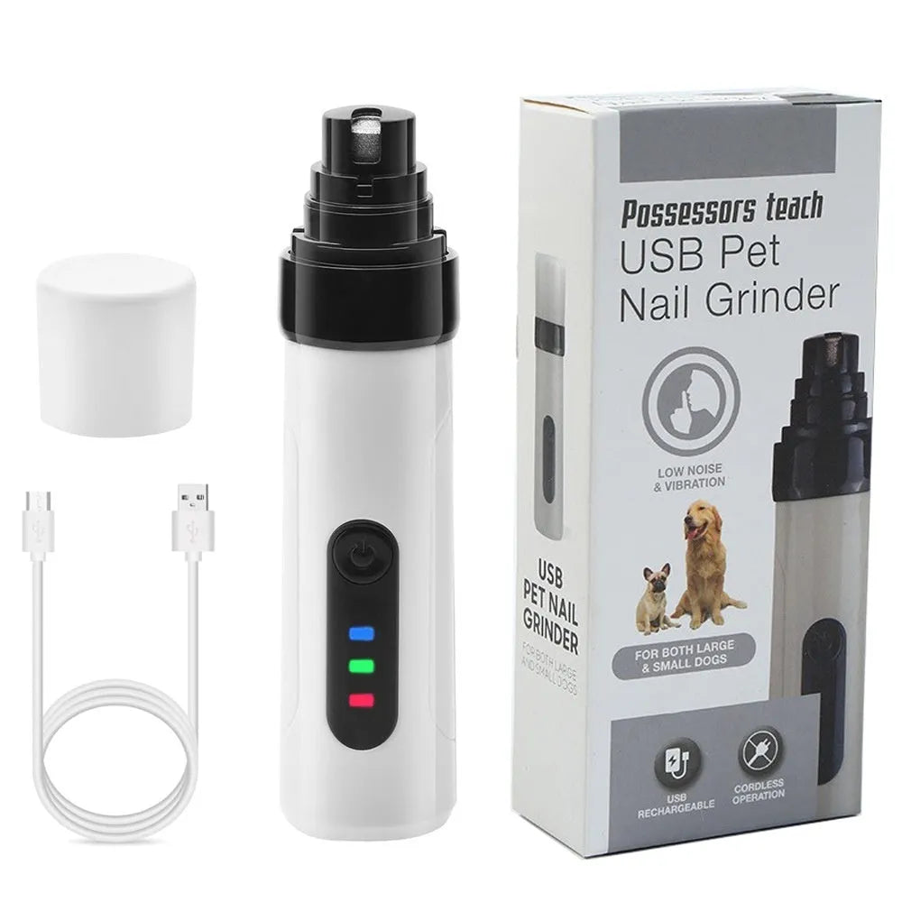 White and grey electric dog nail grinder with LED display showing speed settings and dust collection port