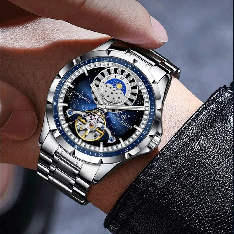 Men's silver automatic mechanical watch with blue dial and stainless steel butterfly buckle