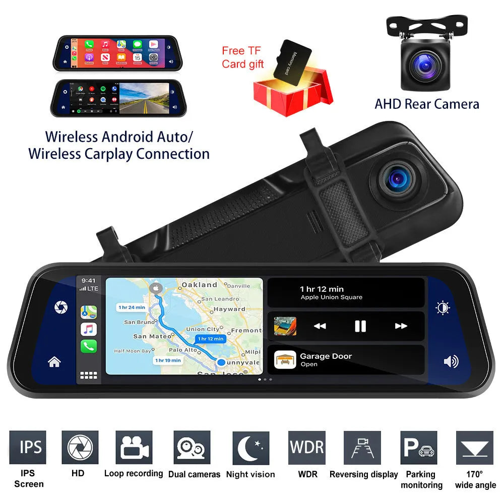 9.66-inch HD wired driving recorder mounted on car dashboard showing front view with night vision