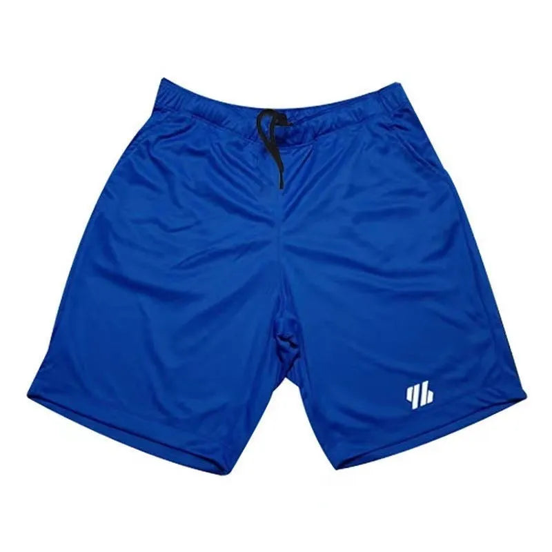 Men's loose black metal silk polyester sports shorts for running, laid flat.
