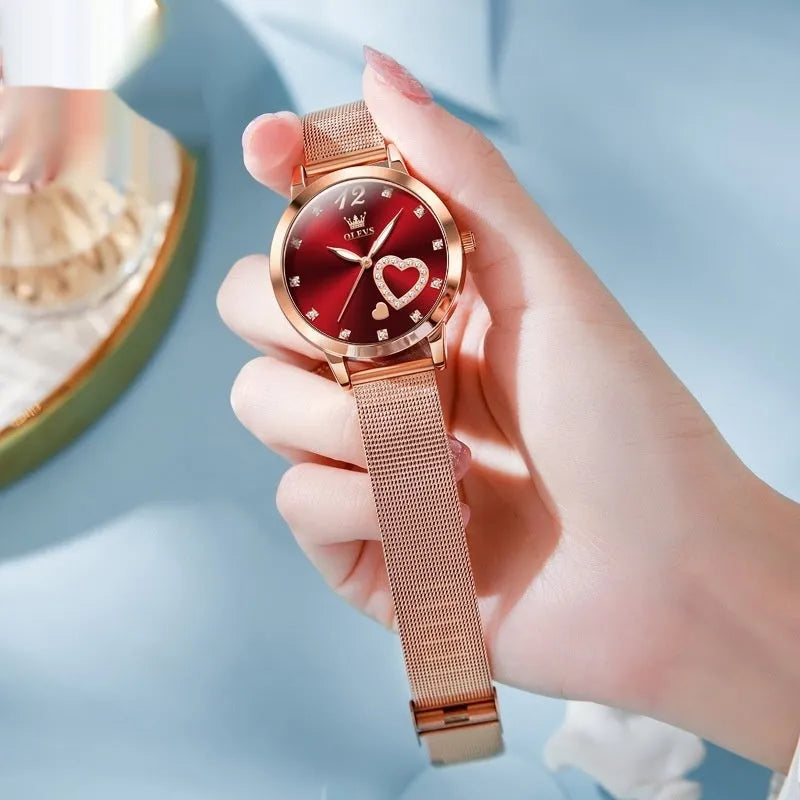 Women's fashion watch with rose alloy case and mesh strap in six dial colour options.