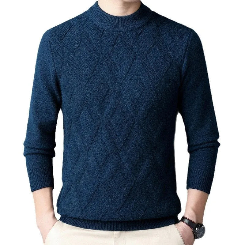 Men's diamond jacquard wool blend winter sweater in light camel colour on a hanger