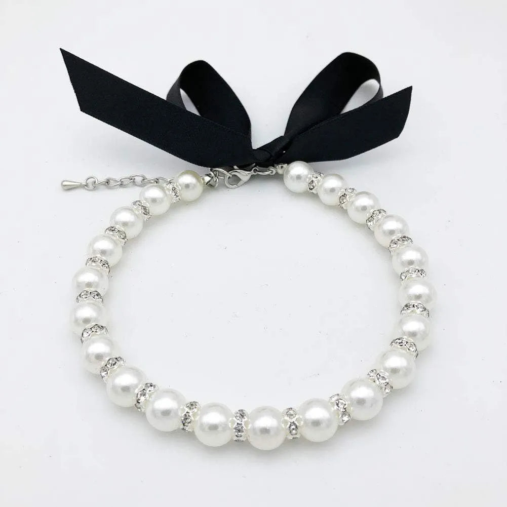 Adjustable small dog pearl necklace with imitation pearls and rhinestones on soft ribbon
