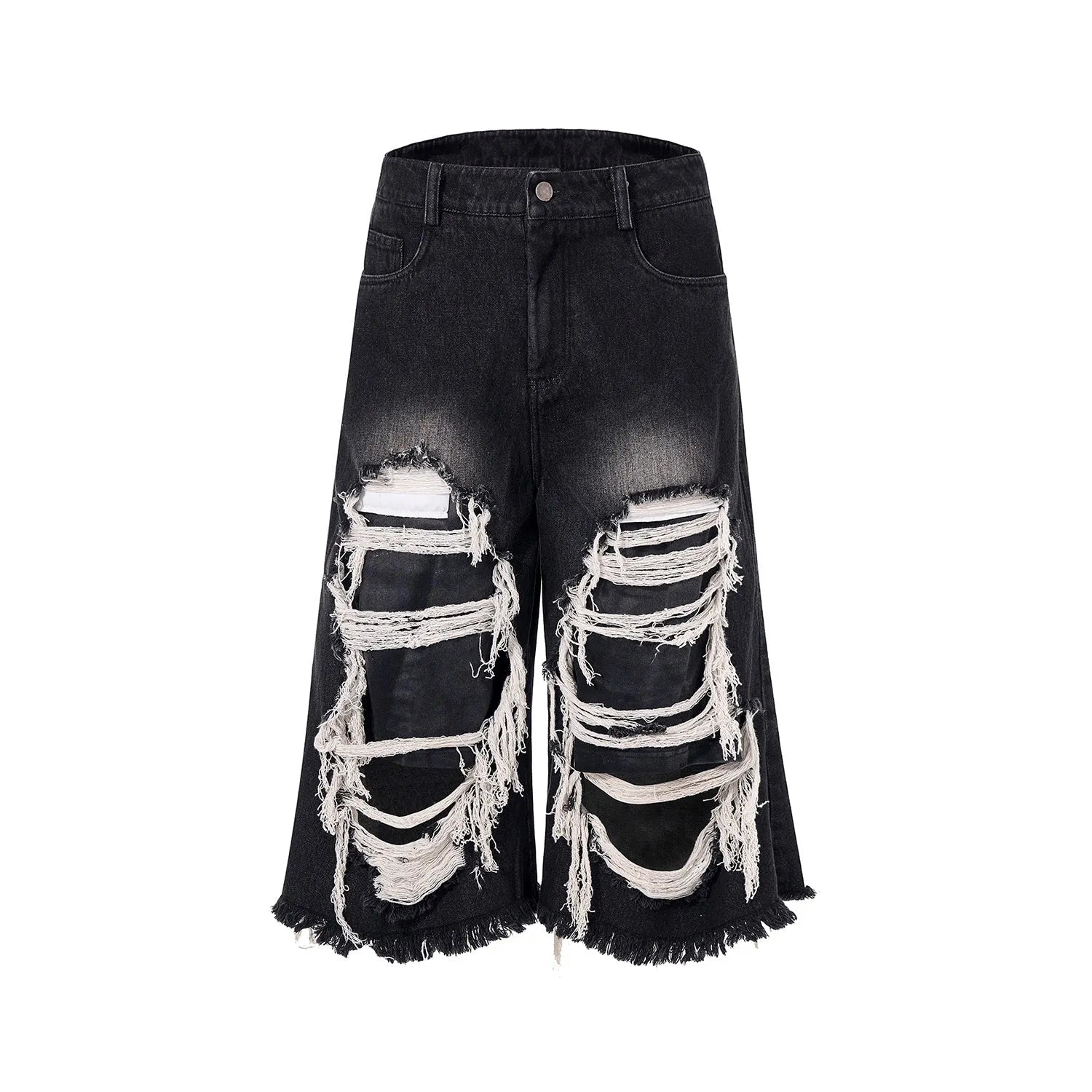 Black women's cropped wide leg jeans with distressed patches and a mid-high waist.