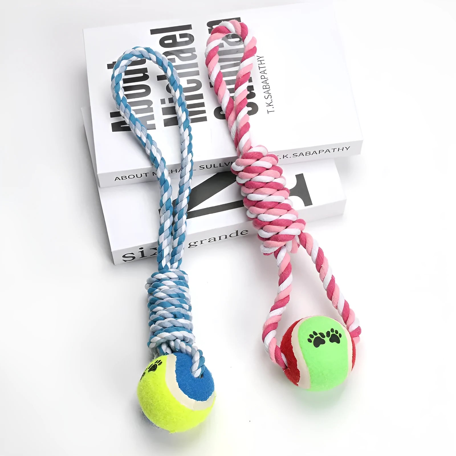38cm cotton string dog tug toy in red and white or blue and white colours for medium large breed dogs