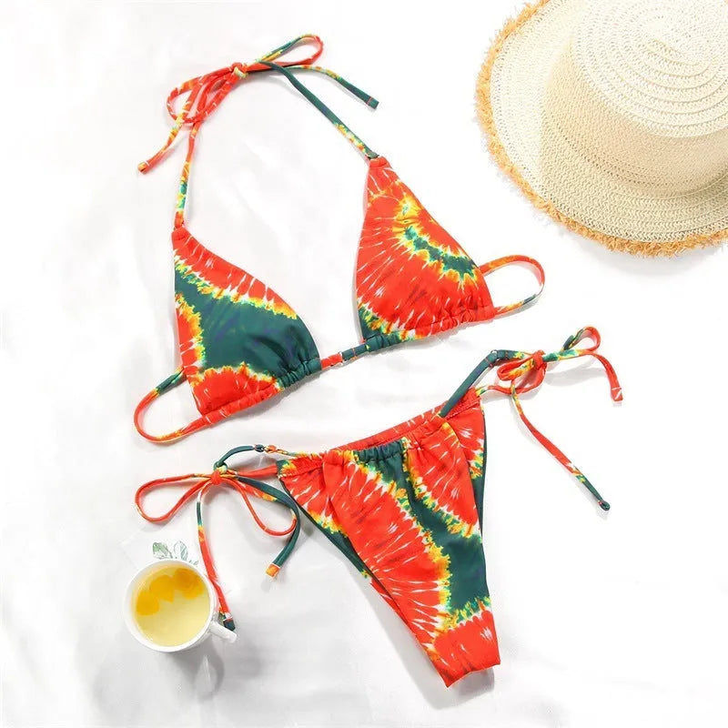 Women's polka dot print halter neck split swimsuit bikini in watermelon gradient colour