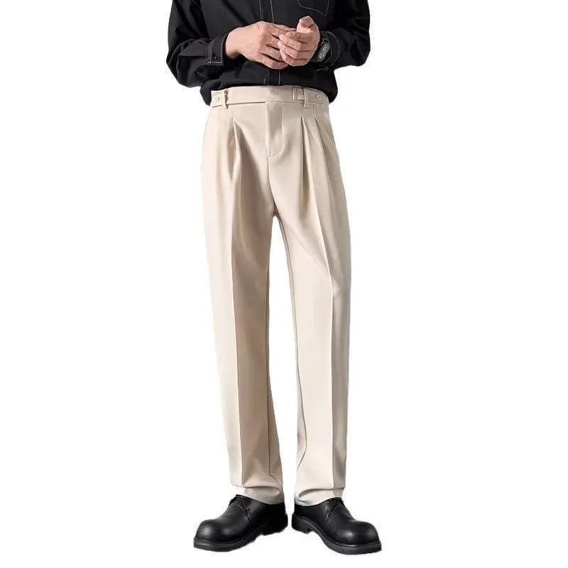 Men's straight-leg suit pants with loose fit in apricot and black polyester fabric