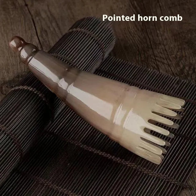 White buffalo horn meridian massage comb with half shampoo wide teeth and pointed tip for traditional Chinese head therapy