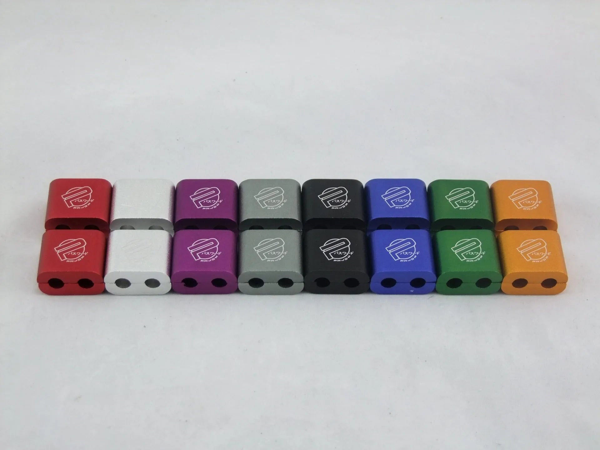 Three-piece metal automotive fastening clamp in six colour options, showing 55x30x25mm dimensions with metal sleeve.
