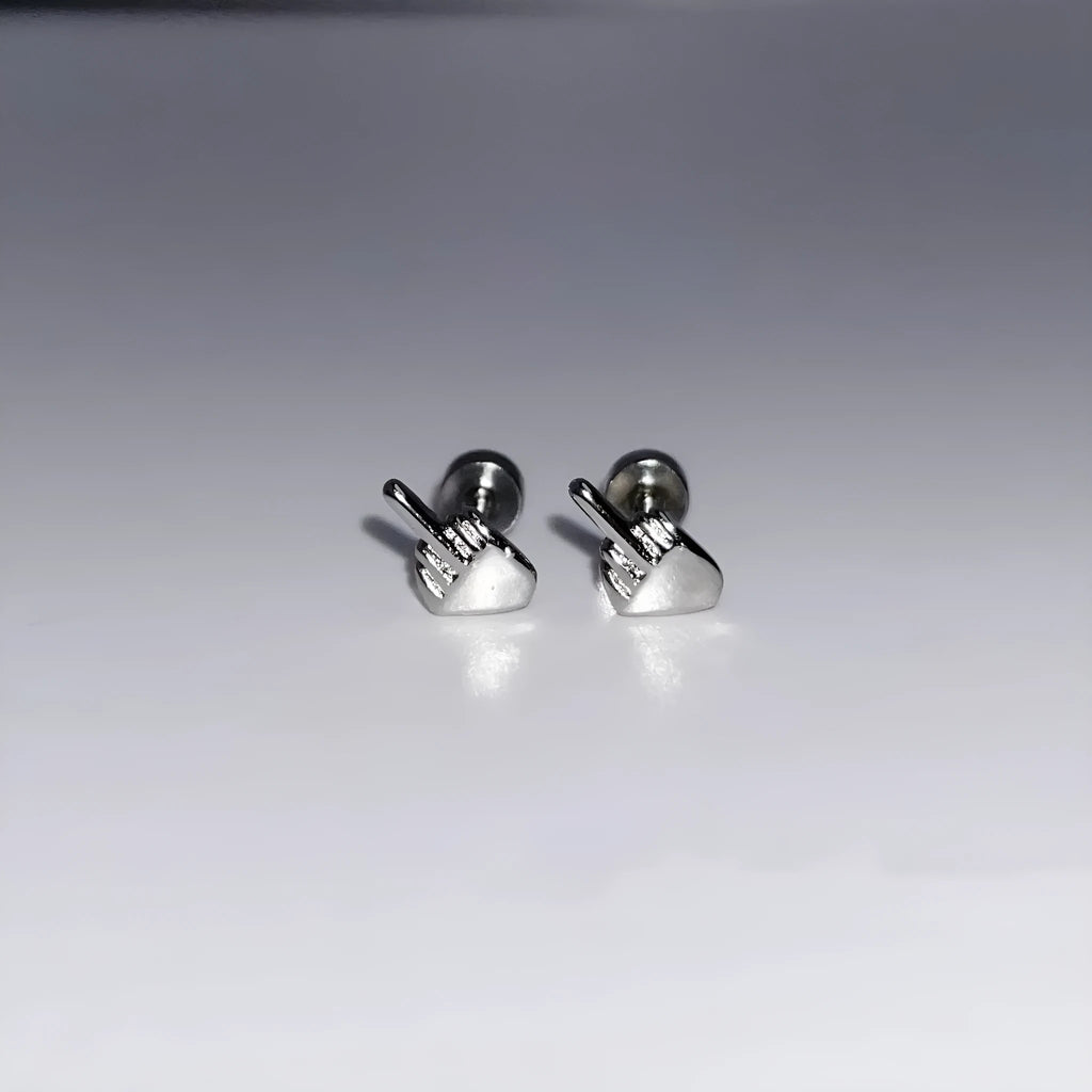 Niche quirky middle finger alloy screw clasp ear cartilage earring for women, vertical motif, bow shape, one pair