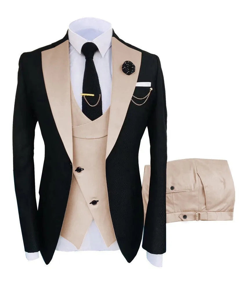 Men's slim fit three-piece business suit in cotton, showing coat, vest, and trousers on a hanger.
