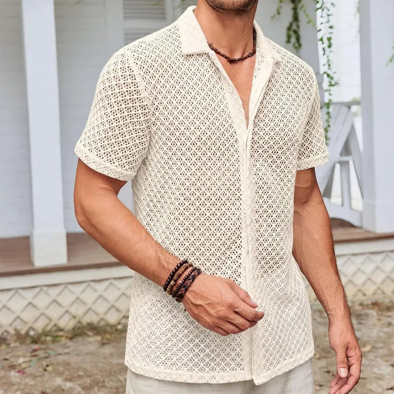Men's light coloured mesh short sleeve shirt with lapel collar on hanger