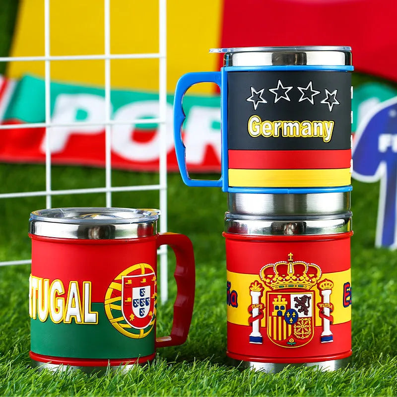 World Cup soccer mug souvenir, rubber and metal, 7.6cm diameter, team colour design