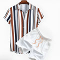 Men's light blue digital print short sleeve cardigan and matching shorts casual suit set