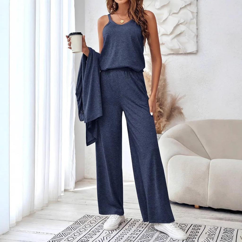 Blue women's three-piece casual suit with sling top, cardigan, and trousers in Japanese Korean style