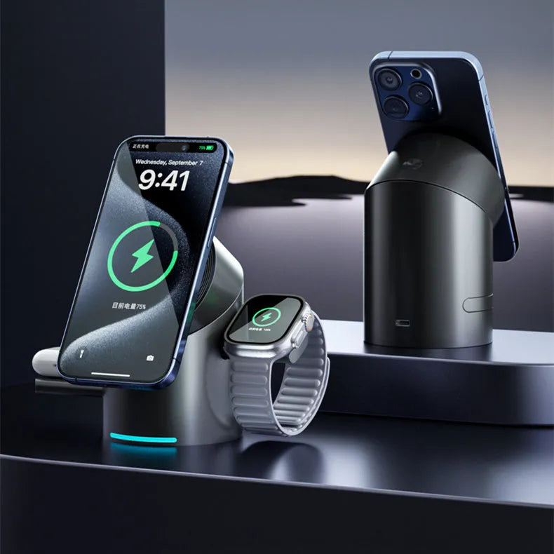 Three-in-one magnetic wireless charger stand in dark grey charging a phone, earphones, and Apple Watch