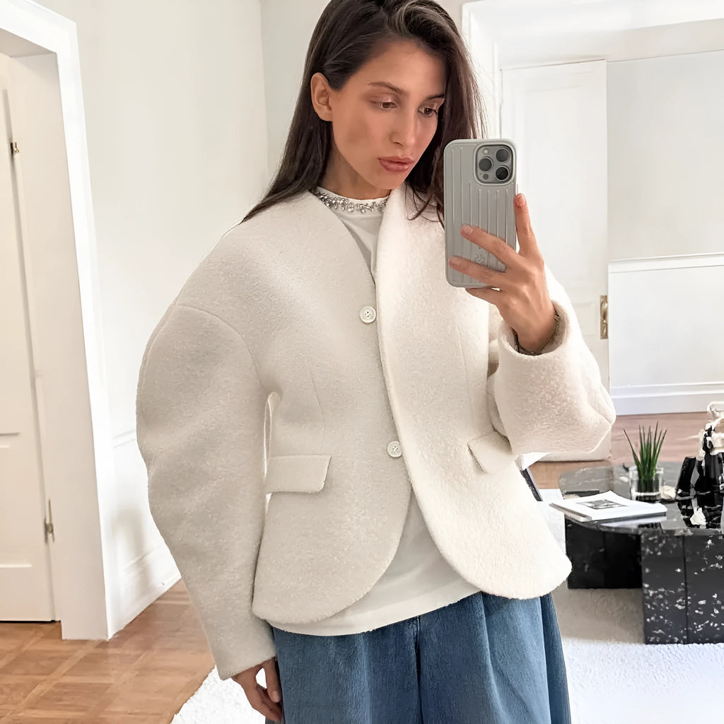Women's coarse woolen thick polyester coat in solid white with raglan sleeves and stitching details