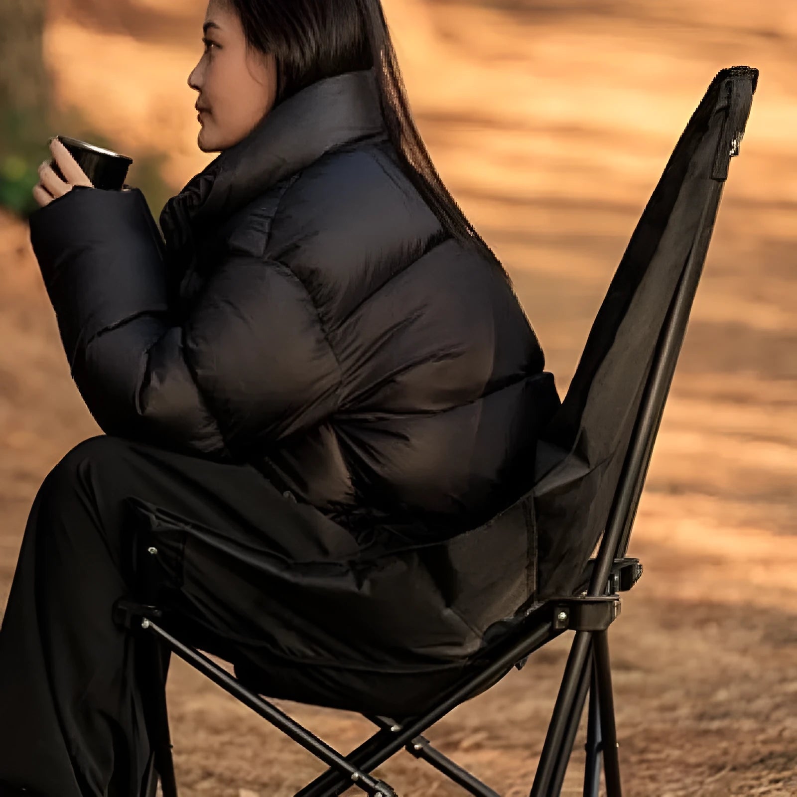 Night black portable folding camping recliner chair with oxford cloth seat