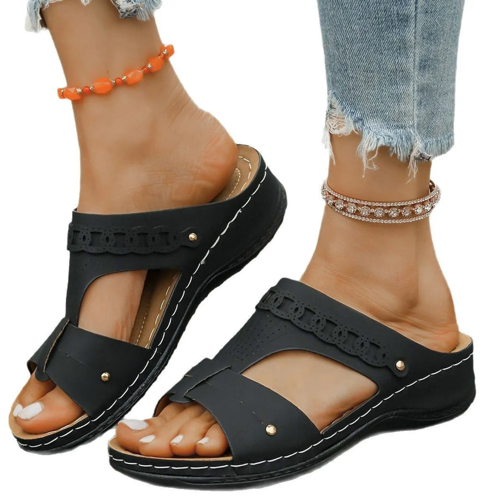Roman style slope heel slippers with fish mouth toe holder in multiple colour options