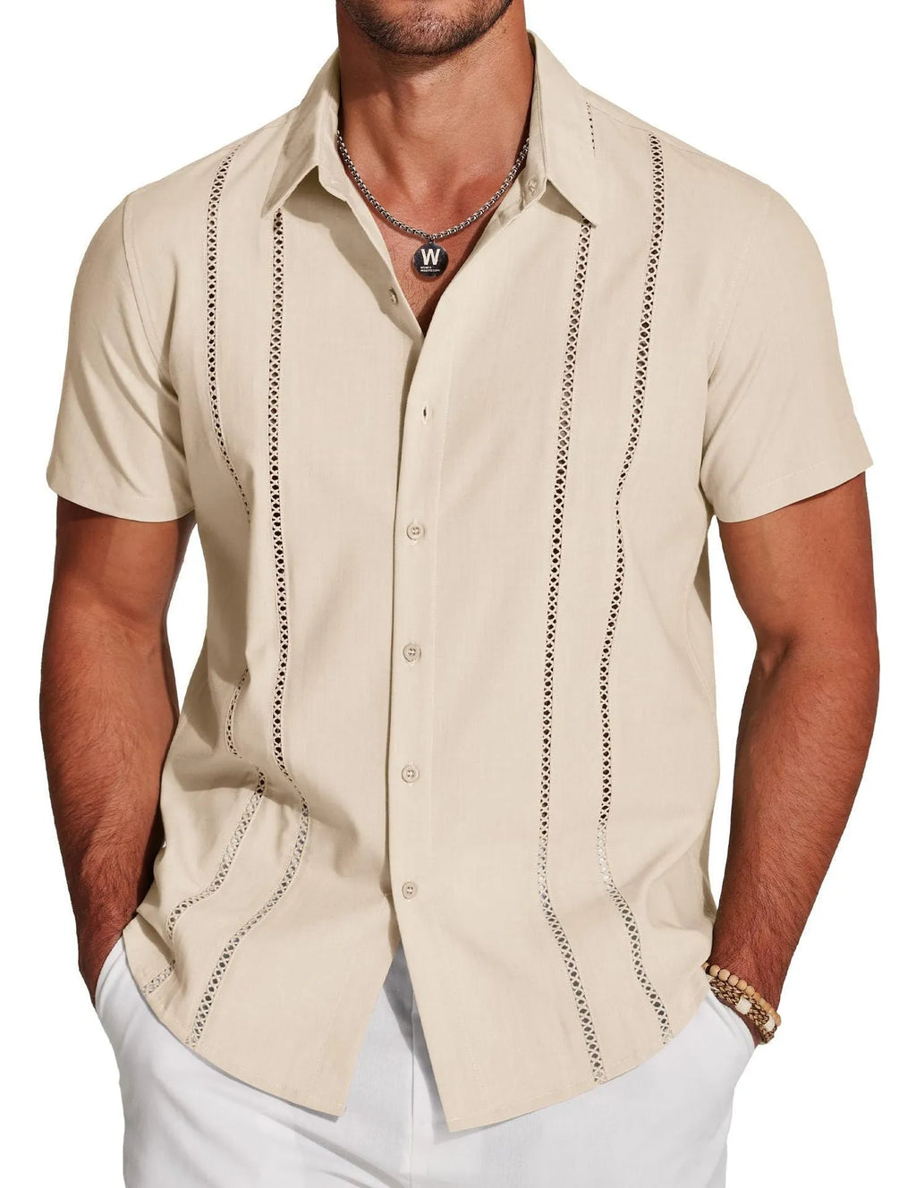 Men's slim fit Hawaiian shirt with colourful digital print pattern on polyester fabric.