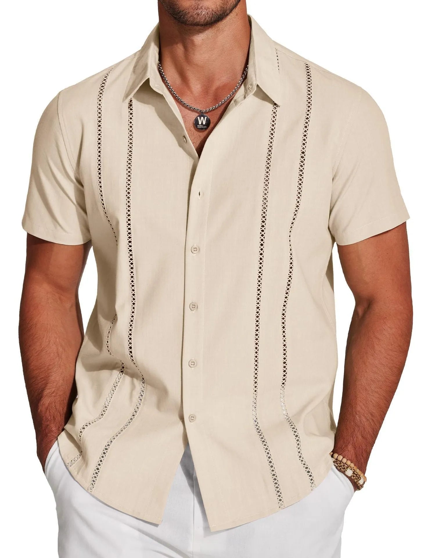 Men's slim fit Hawaiian shirt with colourful digital print pattern on polyester fabric.