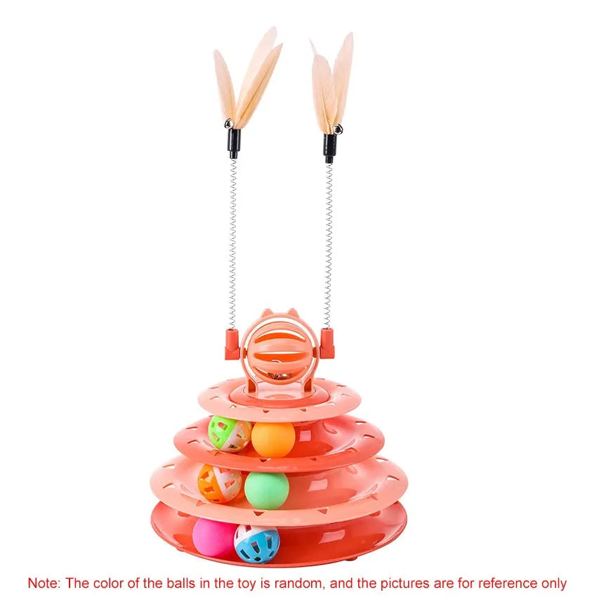 Blue 4-tier interactive cat puzzle toy with balls and teasing rods on a table.