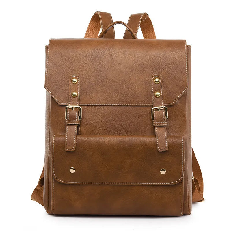 Korean retro style simple backpack in soft PU leather, shown in black, dark brown, milky white, and brown colour options.
