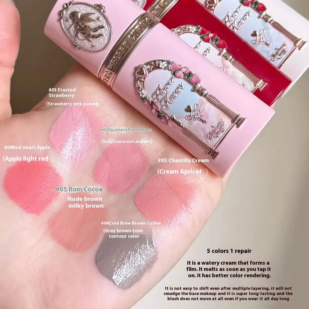 Strawberry Cupid Series Liquid Blush in one of six shades, shown on a hand or with swatches.