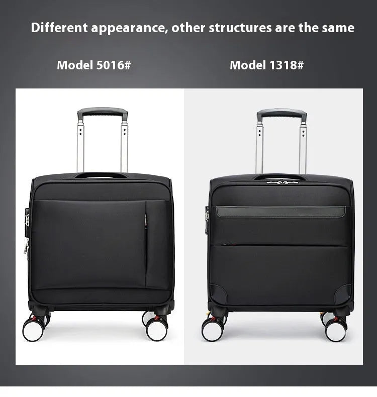 18 inch black Oxford cloth business travel suitcase with telescopic handle and universal wheels.
