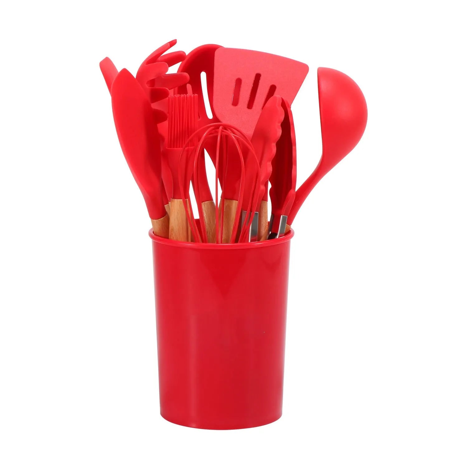 12-piece silicone kitchenware set with wooden handles in modern simplicity design, colour box packaging