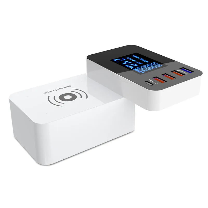White multi USB port fast charger with wireless charging pad and EU UK US plug adapters