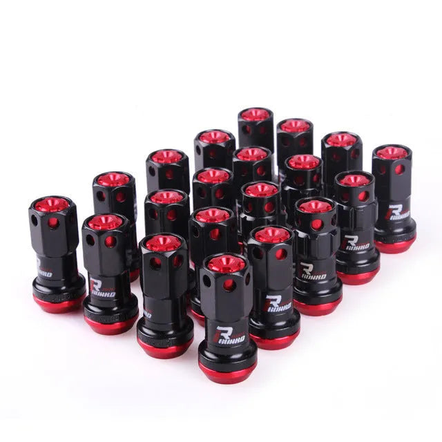 Set of aluminium alloy universal wheel hub nuts in various two-tone colours including black gold and red.